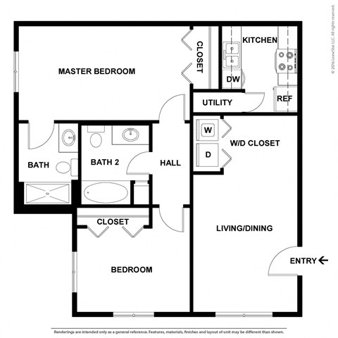 Floor plan for 2 beds, 2 baths, 820 sqft